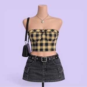 Meraki Black Yellow Plaid Strapless Crop Top Bustier XL Y2K Grunge Going Out Top